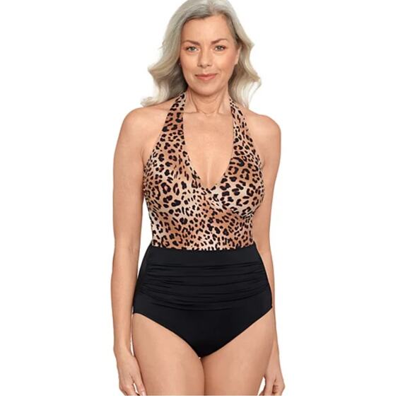 Bal Harbour Faux Wrap Halter 1 pc  Swimsuit  Leopard Size 14  or 16 NWT - Picture 1 of 4